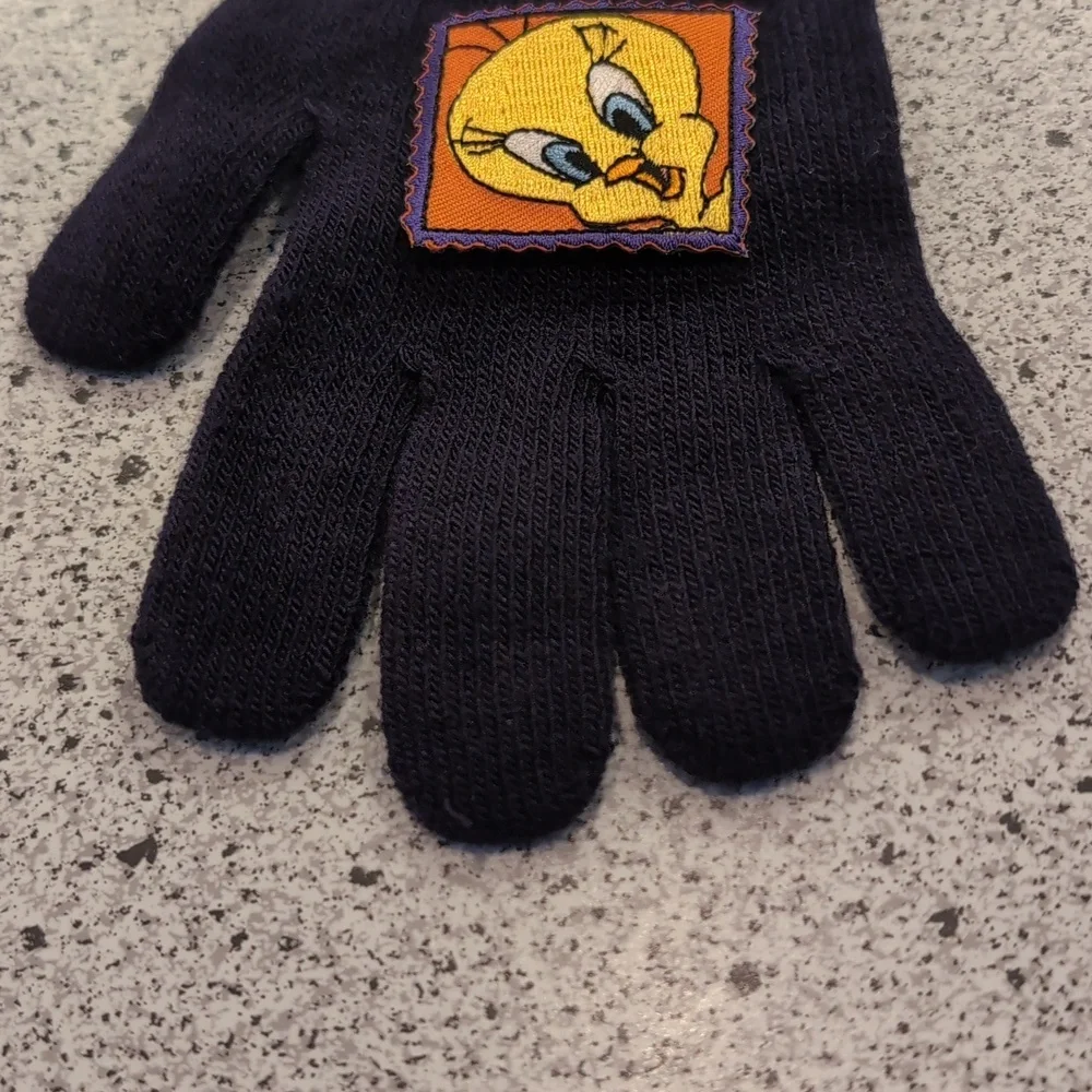 Vintage 1999 Kids Tweety Bird Looney Tunes Dark Blue Winter Gloves